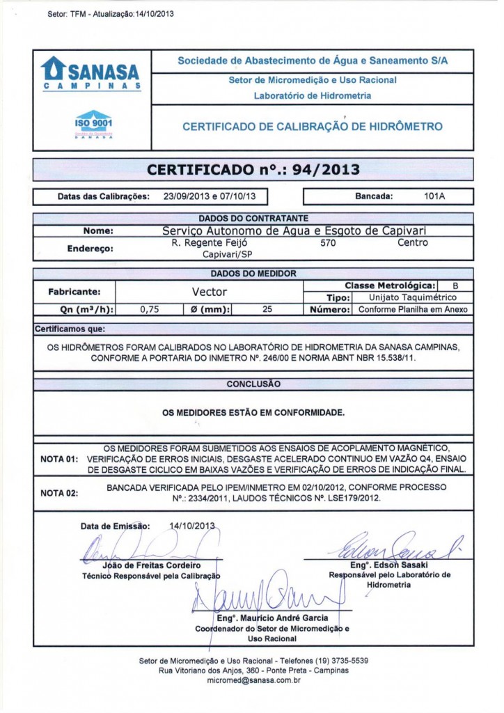 Certificado - Sanasa Campinas