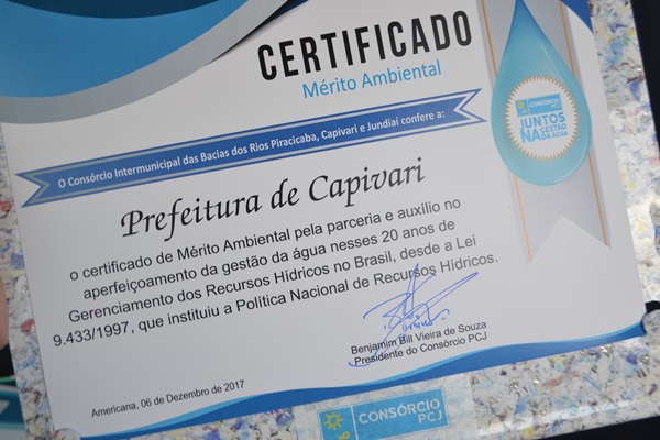 You are currently viewing Capivari recebe certificado de “Mérito Ambiental” concedido pelo Consórcio PCJ